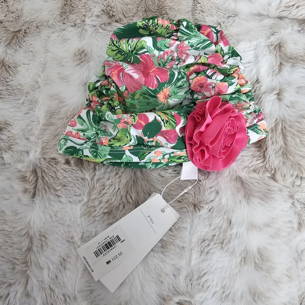 Janie‎ and Jack Green Floral Sun Hat with Pink Flower